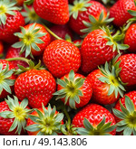 Bright colorful edible background of ripe strawberries. Fresh ripe strawberry. Vibrant still life. Close up. Стоковое AI-изображение, AI-художник Iva Noel / Фотобанк Лори