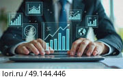 A person in a business suit working on a laptop with virtual icons related to data analysis, showcasing charts, graphs, diagrams, market trends and other finance symbols. Стоковое AI-видео, аниматор Sergey Grishin / Фотобанк Лори