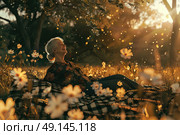 An elderly woman sits contentedly in a field of flowers, basking in the warm glow of the setting sun, with falling petals around her, reflecting bliss and serenity. Стоковое AI-изображение, AI-художник Данила Большаков / Фотобанк Лори