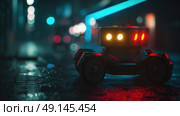 A small toy car is stationary on the ground in a play area. The cars wheels are still, and it appears to have been left behind. Стоковое AI-изображение, AI-художник Данила Большаков / Фотобанк Лори