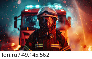 A firefighter in full gear stands proudly in front of a red fire truck, ready for duty. Стоковое AI-изображение, AI-художник Данила Большаков / Фотобанк Лори