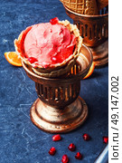 sundae in waffle cup. ice cream with pomegranate flavor in stylish cup holder. Стоковое фото, агентство Ingram Publishing / Фотобанк Лори
