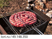 Travel kielbasa cooking. Uncooked sausages for barbecue. Стоковое фото, агентство Ingram Publishing / Фотобанк Лори