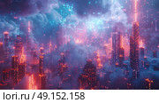 high-tech city where buildings are made of digital clouds, data streams connecting everything, Стоковое AI-изображение, AI-художник Anastasy Yarmolovich / Фотобанк Лори