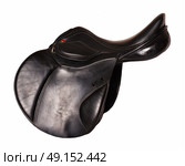 Black leather professional jumping saddle without stirrup. isolated. Стоковое фото, агентство Ingram Publishing / Фотобанк Лори