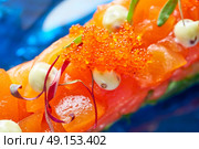 Salmon and avocado Tartare with soya and mustard mayonnaise Tartar. Стоковое фото, агентство Ingram Publishing / Фотобанк Лори