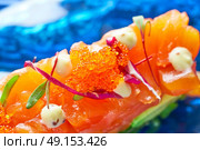 Salmon and avocado Tartare with soya and mustard mayonnaise Tartar. Стоковое фото, агентство Ingram Publishing / Фотобанк Лори