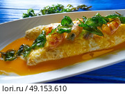 Scrambled eggs with baby langoustines, prawns shrimps and leeks. Стоковое фото, агентство Ingram Publishing / Фотобанк Лори