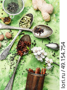 Herbs and spices for spring tonic tea. ginger,cinnamon and spices for an invigorating for the masala tea. Стоковое фото, агентство Ingram Publishing / Фотобанк Лори