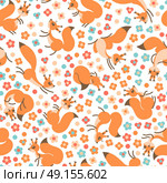 Little cute squirrels on flowers meadow. Seamless spring or summer pattern for gift wrapping, wallpaper, childrens room, clothing.. Little cute squirrels on flowers meadow. Seamless spring or summer pattern for gift wrapping, wallpaper, childrens room, clothing. Vector illustration. Стоковая иллюстрация, агентство Ingram Publishing / Фотобанк Лори