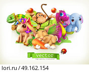 Fairy tale animals. Happy bunny, rabbit, cute unicorn, small dragon, baby elephant, monkey, chameleon. 3d vector. Стоковая иллюстрация, агентство Ingram Publishing / Фотобанк Лори