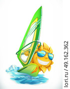 Summer Windsurfing. Funny sun on surfboard 3d vector icon. Стоковая иллюстрация, агентство Ingram Publishing / Фотобанк Лори