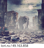 giant elephant in destroyed city. creative concept. 3d concept. Noise added. Стоковое фото, агентство Ingram Publishing / Фотобанк Лори