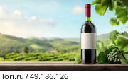 An Elegant Wine Bottle is Enchantingly Beautifully Surrounded by a Lush and Picturesque Vineyard Scenery. Стоковое AI-изображение, AI-художник Anastasy Yarmolovich / Фотобанк Лори