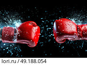 two boxing gloves clashing in a test. Стоковое AI-изображение, AI-художник Anastasy Yarmolovich / Фотобанк Лори