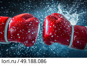 two boxing gloves clashing in a test. Стоковое AI-изображение, AI-художник Anastasy Yarmolovich / Фотобанк Лори