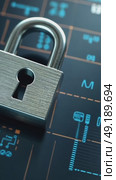 A metallic 3D lock icon with brushed steel texture, angled to show depth, placed on a blurred security-themed backdrop. Стоковое AI-видео, аниматор Sergey Grishin / Фотобанк Лори
