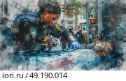 A police officer provides first aid to an injured man lying on the street in a busy urban area with onlookers and passing vehicles in the background. Стоковое AI-изображение, AI-художник Данила Большаков / Фотобанк Лори