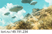 Several flying saucers flying over a sandy desert landscape in a formation. Стоковое AI-изображение, AI-художник Данила Большаков / Фотобанк Лори