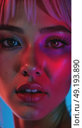 A close-up of a woman with vibrant, colorful makeup and color hair, her intense gaze directed at the camera, bright pink, magenta, yellow, blue, red laser neon lights flashes in the background. Стоковое AI-видео, аниматор Sergey Grishin / Фотобанк Лори