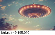 A large unidentified flying object with glowing lights hovers above a forest during sunset with a clear sky and scattered clouds. Стоковое AI-изображение, AI-художник Данила Большаков / Фотобанк Лори