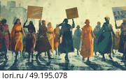 A crowd of individuals holding various signs while standing on a city street. Стоковое AI-изображение, AI-художник Данила Большаков / Фотобанк Лори