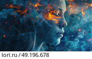 A womans face with intense flames and billowing smoke erupting from her features. Стоковое AI-изображение, AI-художник Данила Большаков / Фотобанк Лори