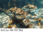 Sharks swimming gracefully underwater in a vibrant marine environment showcasing their natural beauty and behavior. Стоковое AI-изображение, AI-художник Климов Денис / Фотобанк Лори