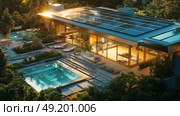 This is a modern architectural marvel renowned for its smooth curves and captivating night lighting features. Стоковое AI-изображение, AI-художник Anastasy Yarmolovich / Фотобанк Лори