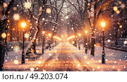 A street covered in snow with glowing street lights and benches lining the sidewalks. Стоковое AI-изображение, AI-художник Данила Большаков / Фотобанк Лори