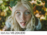 A woman with blonde hair and blue eyes is pulling a funny and exaggerated facial expression. Стоковое AI-изображение, AI-художник Данила Большаков / Фотобанк Лори