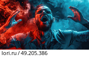 A man with tattoos and glasses yells passionately while standing amidst swirling red and blue smoke indoors during the evening. Стоковое AI-изображение, AI-художник Данила Большаков / Фотобанк Лори
