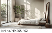 A bedroom featuring a bed and a mirror as the main focal points. Стоковое AI-изображение, AI-художник Данила Большаков / Фотобанк Лори