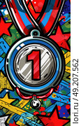 Detailed painting featuring shiny medal with number one displayed prominently in center. Стоковое AI-изображение, AI-художник Данила Большаков / Фотобанк Лори
