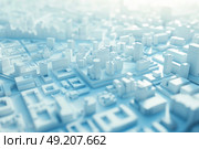 A bright, detailed aerial view of a modern cityscape rendered in 3D, showcasing a variety of buildings and urban structures during daylight hours. Стоковое AI-изображение, AI-художник Данила Большаков / Фотобанк Лори