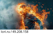 A man jumping in the air with flames covering his face. Стоковое AI-изображение, AI-художник Данила Большаков / Фотобанк Лори
