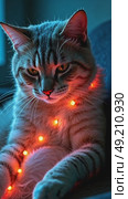 An AI therapy cat with thermo-reactive fur purrs rhythmically against a veteran's chest in a dim PTSD support group room. Cat sitting on human chest and arms. Стоковое AI-видео, аниматор Sergey Grishin / Фотобанк Лори