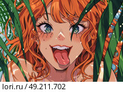 A woman with vibrant red hair playfully sticks out her tongue in a lighthearted expression. Стоковое AI-изображение, AI-художник Данила Большаков / Фотобанк Лори