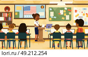 A teacher stands in front of a group of children, writing on a whiteboard and engaging with them in a classroom setting. Стоковое AI-изображение, AI-художник Данила Большаков / Фотобанк Лори