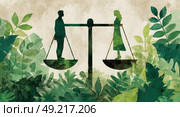 A balance scale with two scales, one depicting the silhouette of an adult man and another depicting a woman's figure. Стоковое AI-изображение, AI-художник Ярославский Максим / Фотобанк Лори