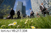A group of people walking in a field of flowers in front of tall buildings. Стоковое AI-изображение, AI-художник Ярославский Максим / Фотобанк Лори