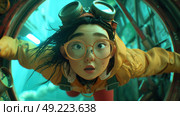 An animated character with goggles looks out from a submarine cockpit with a mix of amazement and trepidation. Стоковое AI-изображение, AI-художник Данила Большаков / Фотобанк Лори