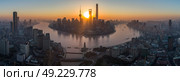 Panoramic Aerial View of Shanghai Skyline at Sunrise. Lujiazui Financial District. China. (2018 год). Стоковое фото, фотограф Максим Забаровский / Фотобанк Лори