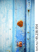 metal nail dirty     stripped paint in the brown   red wood door and rusty  knocker. Стоковое фото, агентство Ingram Publishing / Фотобанк Лори