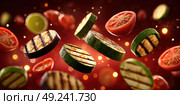 A close up of grilled vegetables and tomatoes in the air. Стоковое AI-изображение, AI-художник Ярославский Максим / Фотобанк Лори