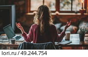 A woman sits in a traditional meditation pose in front of an open laptop, appearing focused and serene. Стоковое AI-изображение, AI-художник Данила Большаков / Фотобанк Лори