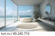 A bathroom with a large bathtub and a mirror. Стоковое AI-изображение, AI-художник Ярославский Максим / Фотобанк Лори