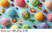 A group of different colored ice creams displayed on a bright blue surface, creating a vibrant and enticing scene. Стоковое AI-изображение, AI-художник Данила Большаков / Фотобанк Лори