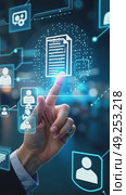 Modern futuristic hi-tech business financial interface. A hand with an index finger pointing at a document icon on a digital interface with blue and white elements. Стоковое AI-видео, аниматор Sergey Grishin / Фотобанк Лори