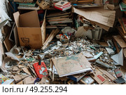 A cluttered room filled with various boxes, papers, and other items stacked haphazardly. Стоковое AI-изображение, AI-художник Данила Большаков / Фотобанк Лори
